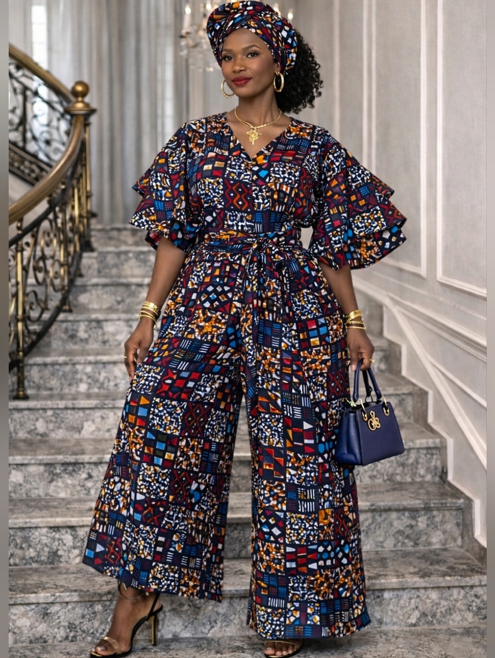 Free-Size African Print Wide-Leg Pants Blouse & Palazzo  - Fits M to 2XL